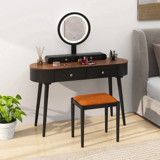 Costway Solid Wood Makeup Vanity Desk Set with LED Lighted Mirror Drawers Cushioned Stool Black + Brown