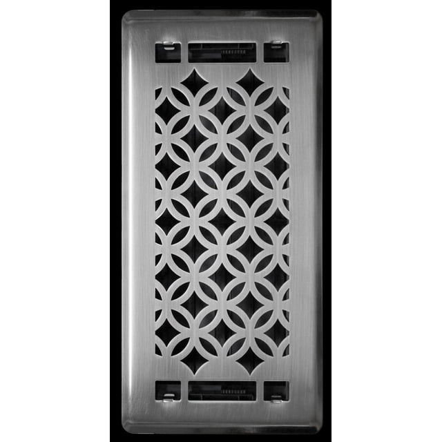 Floor Choice 4x10 Serenity Floor Register with brushed metal finish and geometric interlocking circle and diamond cutout pattern, front-facing view showing adjustable vents for airflow control, designed for ventilation and ductwork in home improvement.