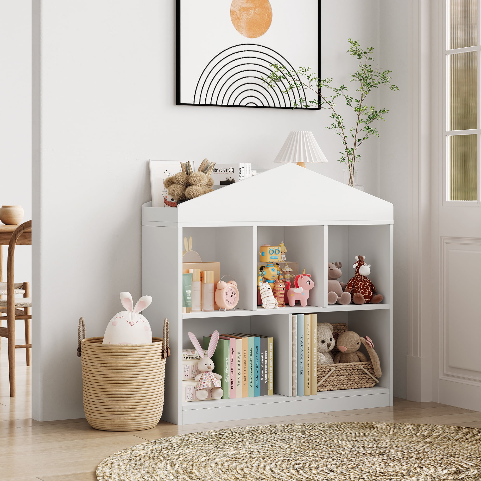 Kids Bookshelf ,5-Cubby Bookcase Toddlers Playhouse Cabinet Shelf Wooden Cubby Storage