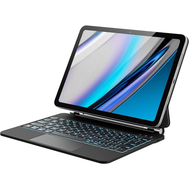 Étui Flottant pour iPad 10e Génération avec Clavier Doté d'Un Support Magnétique et d'Une surface en Cuir PU Résistante aux Taches. Conçu pour l'iPad 10e Génération 2022 de 10,9 Pouces, Cet Étui Comprend un Clavier Rétroéclairé à 7 Couleurs avec Commutateurs de Style Ciseaux et un Pavé Tactile Intelligent. l'Image Montre l'Étui en Utilisation, l'iPad Solidement Fixé au Support Flottant Magnétique et le Clavier Illuminé en Rétroéclairage Bleu. l'Étui Prend en Charge la Connectivité Bluetooth 5.2 et la Recharge USB-