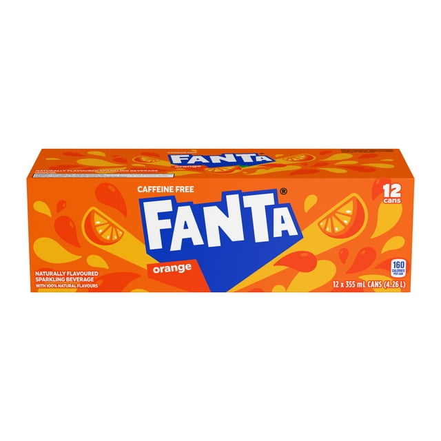 Fanta Orange Fridge Pack Cans, 355 mL, 12 Pack with bright orange packaging and blue logo, caffeine free naturally flavoured sparkling orange soda made with 100% natural flavours, 160 calories per can, total 4.26 L, suitable for bulk soft drink storage and sharing.
