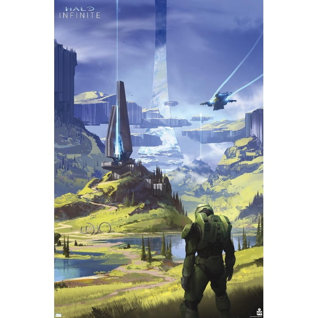 Halo Infinite - Affiche Murale de Master Chief Valley, 14,725 Pouces x 22,375 Pouces Encadrée Représente Master Chief en Armure Verte Debout sur une Colline Herbeuse Surplombant une Vallée avec un Lac Réfléchissant, des Conifères, des Tours Futuristes avec des Faisceaux de Lumière Bleue, et une Grande structure en Forme d'Anneau sous un Ciel Bleu avec des Aéronefs Volants. Idéal pour la Décoration Murale de Chambre Ou de Bureau.