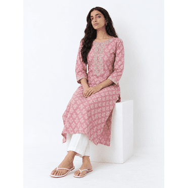 DWEEP SARA Women's Pink Silk Blend Embroidered Straight Kurta with Ethnic Motifs – Festive & Traditional Wear | 3/4 Sleeves | Elegant Indian Tunic 3XL/46