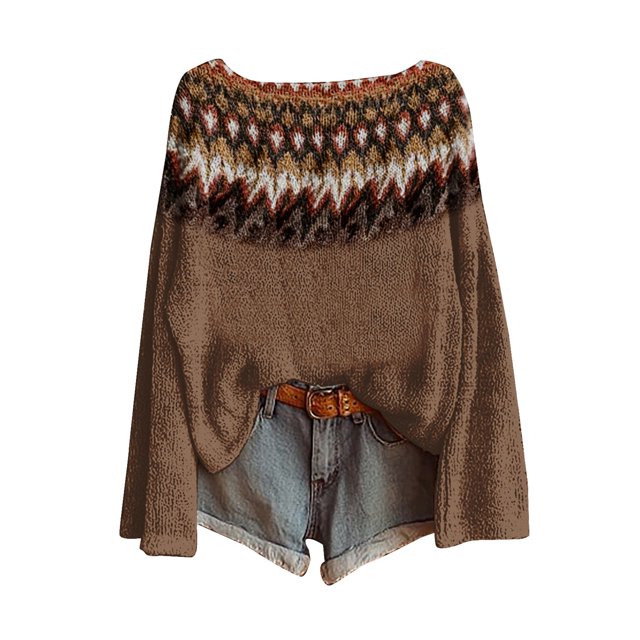 WTXUE Chandail Léger Vintage Fair Isle pour Femmes, Col Rond Décontracté, Manches Longues, Chandail Tricoté, Imprimé Artistique Vintage Fair Isle Rétro, Blouses Surdimensionnées Confortables, Tops Boho Doux, Café