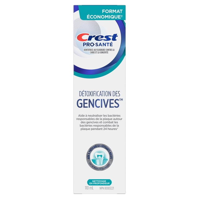 Crest Gum Detoxify Deep Clean Toothpaste in a 110 mL white and blue box with French text highlighting gum detoxification and plaque bacteria neutralization around the gum line for 24 hours, designed for oral care and plaque control, featuring a tooth graphic and gum protection claims.