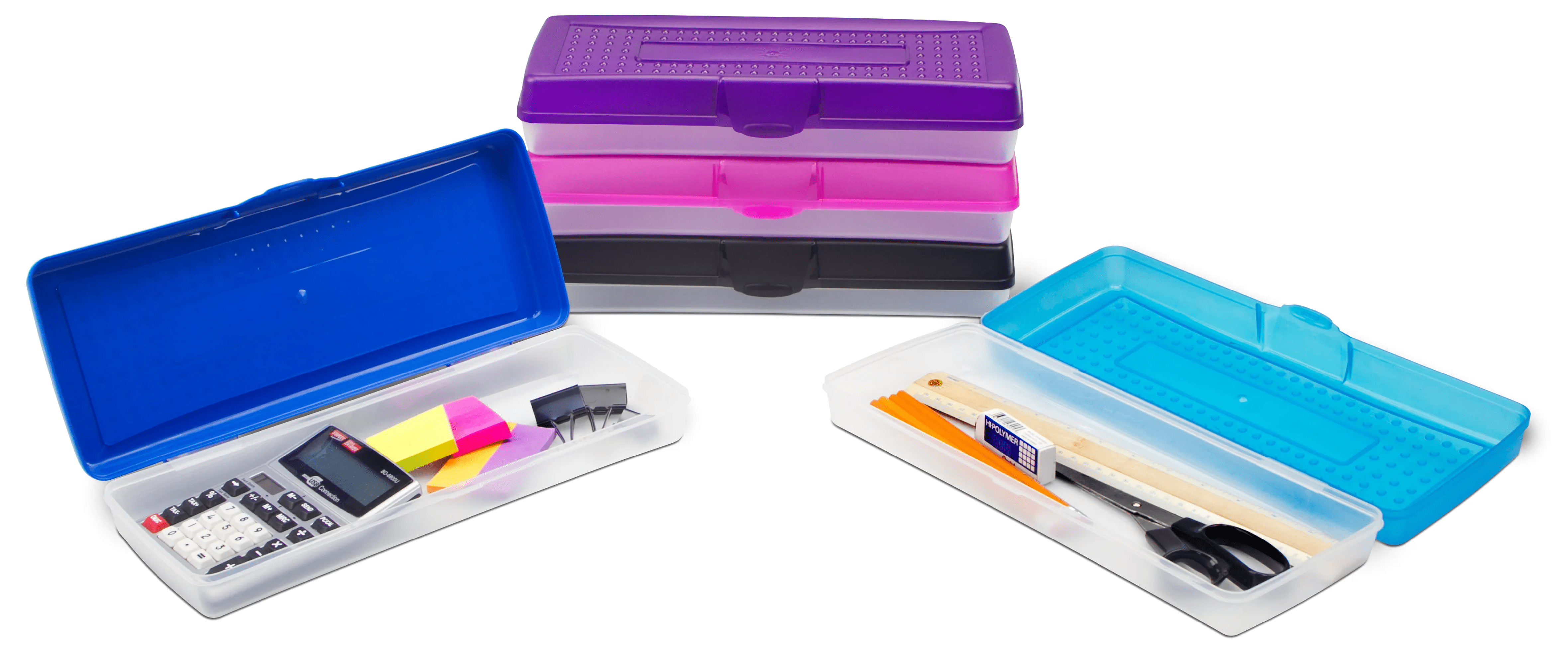Storex boîte à crayons allongée en plastique pour l’école primaire, 13,4 x 5,6 x 2,5 po, transparente, 1 unité