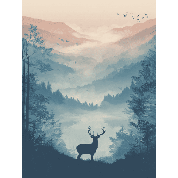 Deer Mountain Mist Canvas Wall Art 15.75x11.81 Inches