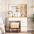 thumbnail image 3 of Vanity Desk with Mirror and LED Light, Vanity Desk with 4 Drawers, Power Outlet, Storage Stool, Storage Shelves & Hair Dryer Holder, Adjustable 3 Lighting Mode, Makeup Vanity Set for Bedroom, 3 of 6
