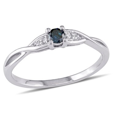 Bague de promesse Asteria de style superposée avec diamants bleu et blancs 0,14 ct poids total en or blanc 10 k