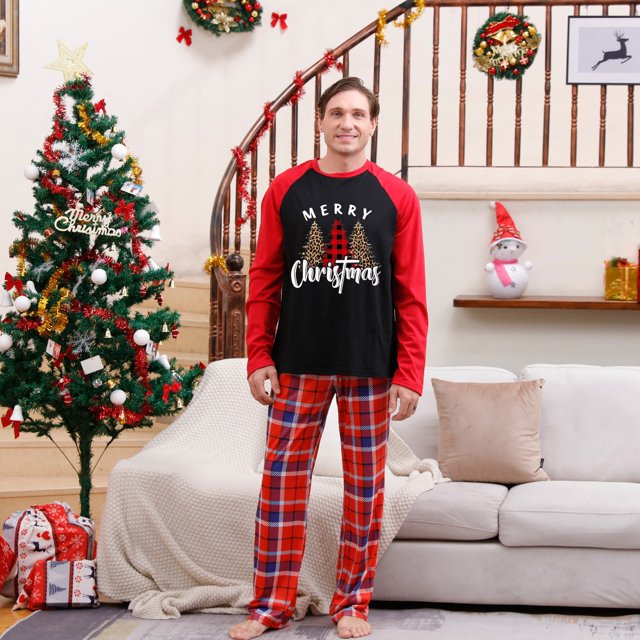 Pyjamas pour Hommes Tenue Parent-Enfant de Noël Ensembles Patchwork à Carreaux Imprimés Vêtements de Maison Col Rond Manches Longues Pyjamas Ensembles Deux Pièces Assortis Pyjamas de Noël pour Couples en Liquidation