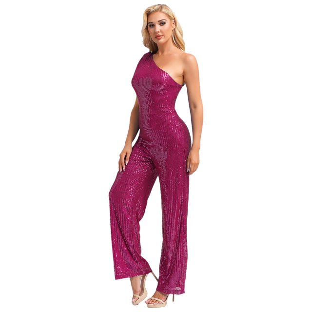 Xnihocha Combinaison une Pièce Sans Manches pour Femme, Robe de Soirée à une Épaule, Justaucorps à Paillettes, Robe de Soirée Rose Vif TG