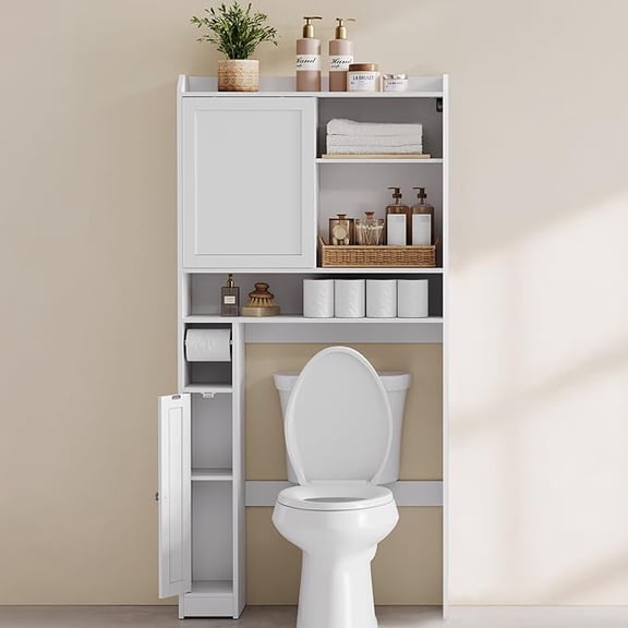Over The Toilet Storage Shelf, Bathroom Storage Cabinet with Sliding Door, Adjustable Shelves, Toilet Paper Holder, White