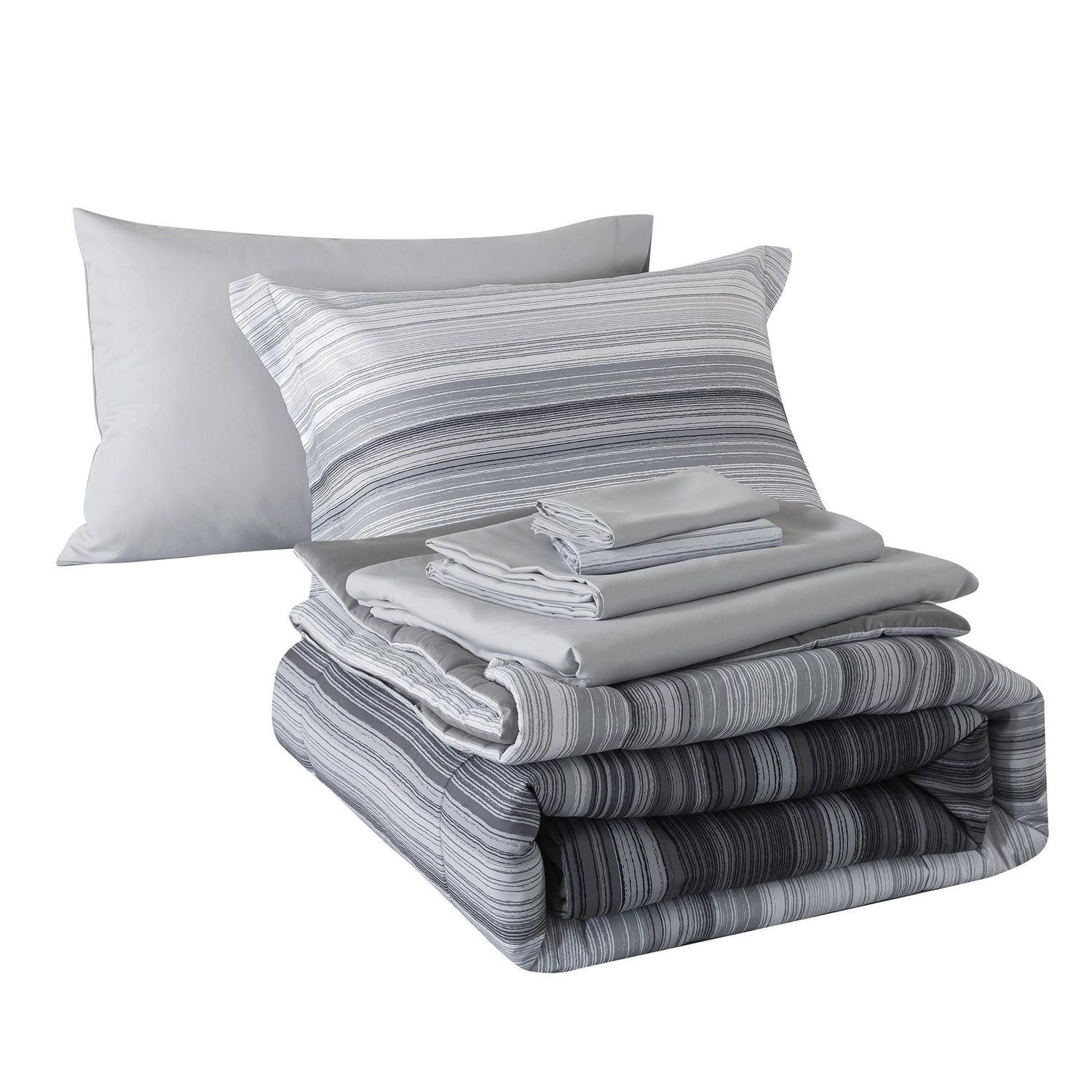Mainstays – Ensemble de literie tout-en-un réversible avec couette et draps, 5 pièces, simple très grand (Twin XL), rayures grises