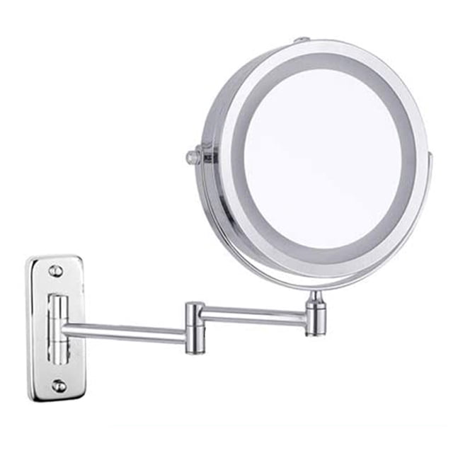 Feelglad Wall Mounted Makeup Mirror, a 10X magnifying double-sided LED lighted cosmetic vanity mirror with 360° swivel design. Features a 7-inch diameter chrome finish mirror with extendable arms measuring 29cm. Made of brass, stainless steel, and glass, powered by 4 AAA batteries (not included).