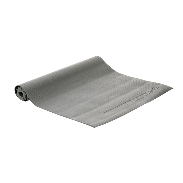 3mm PVC Solid Grey Yoga Mat partially rolled with textured surface and embossed Gozone logo, providing 3mm cushioning for yoga, Pilates, and floor workouts, made from durable, easy-to-clean PVC suitable for daily use and stretching exercises.