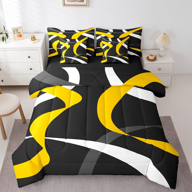 Erosebridal Ensemble de Literie à Rayures Abstraites Format Double, Ensemble de Lit à Lignes Modernes, Décor d'Art Contemporain, Réversible, Respirant, 7 Pcs
