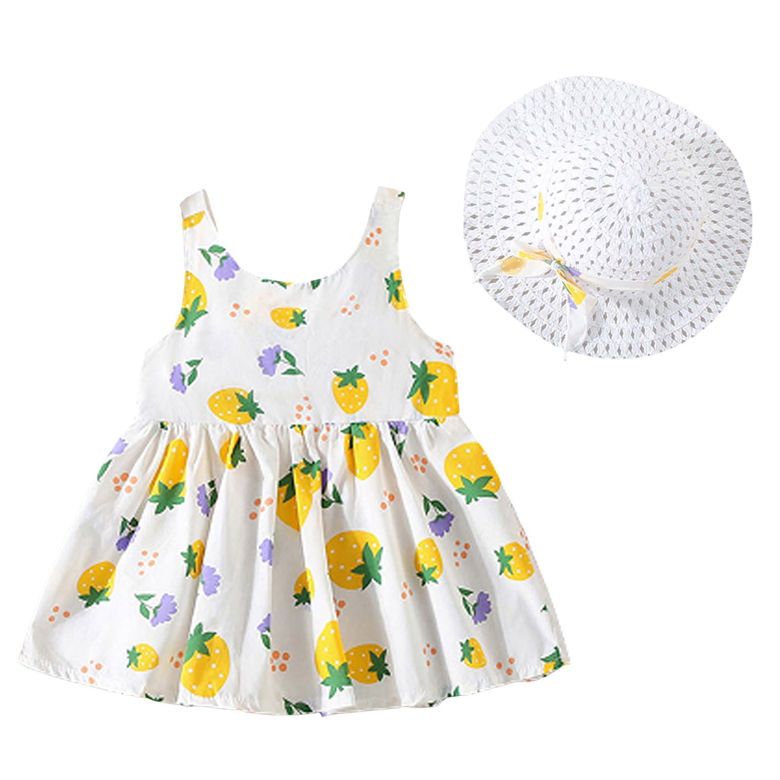 Robes pour Bébé Robe Tutu Sans Manches Robes d'Été pour Filles avec Chapeaux Deux Pièces Robe de Fée Tout-Petit 110/12