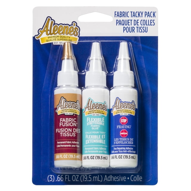 Aleene's Try Me Size 3-Pack Fabric Tacky Pack containing three 0.66 fl oz bottles of non-toxic, washable fabric adhesives: Fabric Fusion for strong bonds on cotton and denim, Flexible Stretch for stretchy fabrics like knits, and Stop Fraying to prevent fabric edges from fraying, suitable for no-sew repairs and DIY fabric crafts.