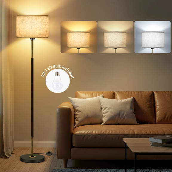 OUTON Lampadaires Modernes pour Salon, Lampe sur Pied avec Abat-Jour en Lin, Grands Lampadaires pour Chambre, Bureau, Noir et Or, Ampoule Incluse