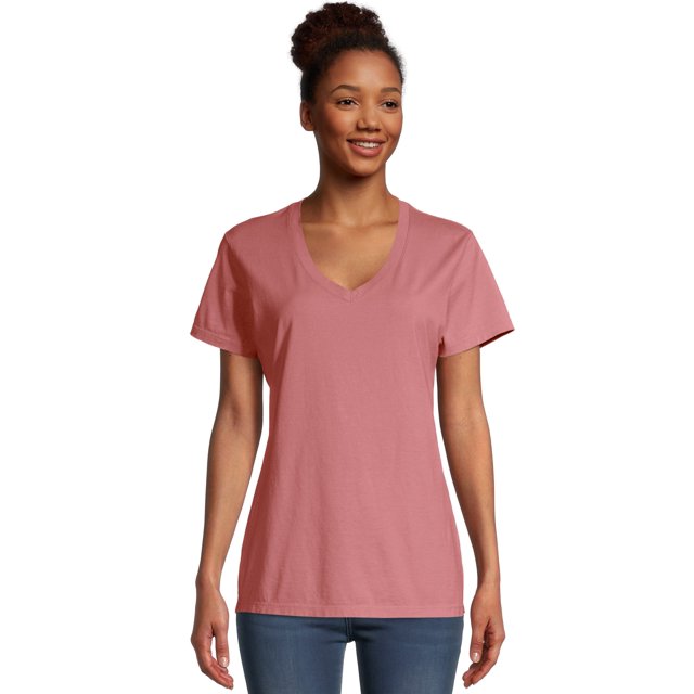 Hanes Womens ComfortWash V-Neck Tee, S, Mauve