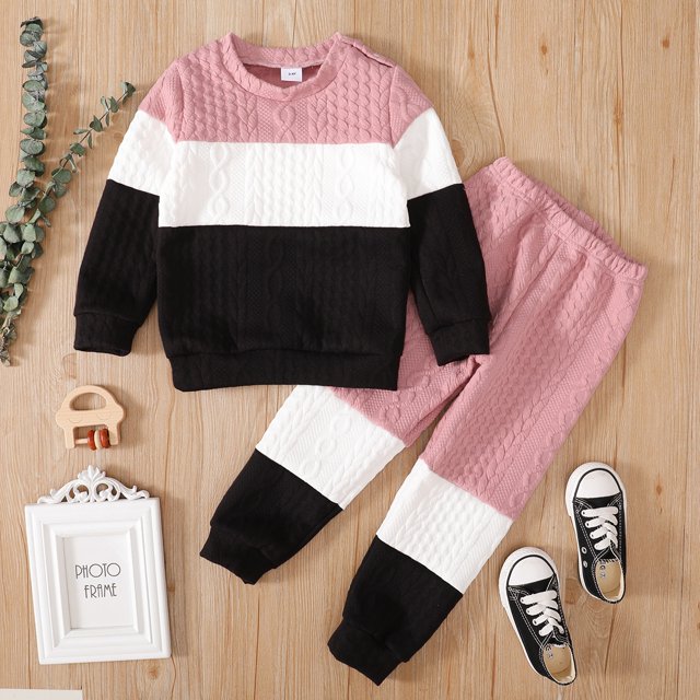 PatPat 2-piece Toddler Girl/Boy Colorblock Cable Knit Sweatshirt and Pants Set, Pink, Girl: 3 Years
