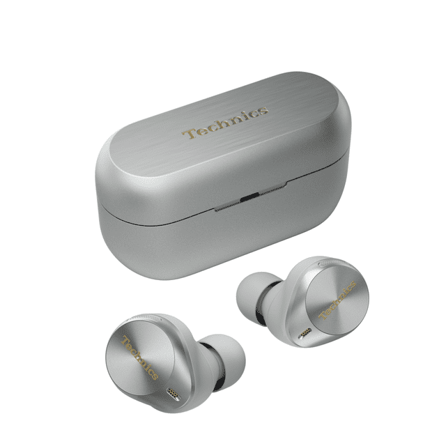 Technics EAH-AZ80 Écouteurs Véritables Sans Fil à Réduction de Bruit Argentés, Dotés d'Une Finition Aluminium de Qualité Supérieure avec logos Technics Gravés. Inclut un Étui de Recharge Argent Assorti avec texture Brossée et Marque Technics Dorée. Ces Écouteurs Véritables Sans Fil Offrent un audio Haute Résolution avec Prise en Charge LDAC, Double Hybride à Réduction de Bruit et Connectivité Bluetooth multipoint pour une Commutation Fluide de l'Appareil. Conçus avec une concha Adaptée au Confort et des Tailles d'Écouteurs en silicone Personnalisables, Ils Sont Idéals pour une Utilisation Prolongée et