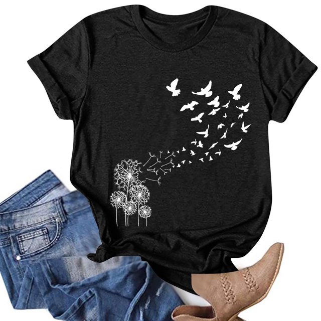 T-shirts Graphiques pour Femmes Mode Femmes T-Shirts Fantaisie Imprimés Pissenlit Coupe Ample Col Rond Manches Courtes Blouses Été Décontracté Hauts pour Dames