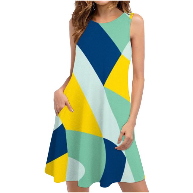 EGNMCR Robes d'Été Femmes Tendance 2024 Robes d'Été pour Femmes Plage Floral T-Shirt Robe Soleil Décontractée Poches Boho Robe Débardeur