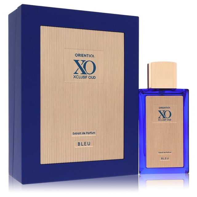 ORIENTICA XO XCLUSIF OUD BLEU by Orientica, EXTRAIT DE PARFUM SPRAY 2 OZ. The image shows a rectangular blue glass perfume bottle with a beige label featuring the product name and details, alongside a matching beige and blue box with textured detailing. Designed for women, this extrait de parfum combines notes of bergamot, lavender, mandarin, pepper, violet, jasmine, cardamom, patchouli, sandalwood, and vanilla.
