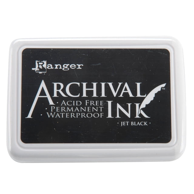 Ranger AIP-31468 Archival Ink Pad in jet black color, featuring a removable hinged lid and raised stamping surface. The pad measures 2.75x4 inches and is acid-free, non-toxic, fade-resistant, and waterproof. Ideal for archival stamping on paper and non-porous surfaces when heat set.