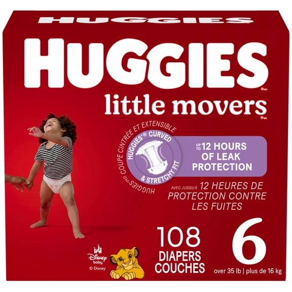 Couches pour bébés Huggies Little Movers, paquet Economique, taille 6 (35 livres et plus), 108 couches