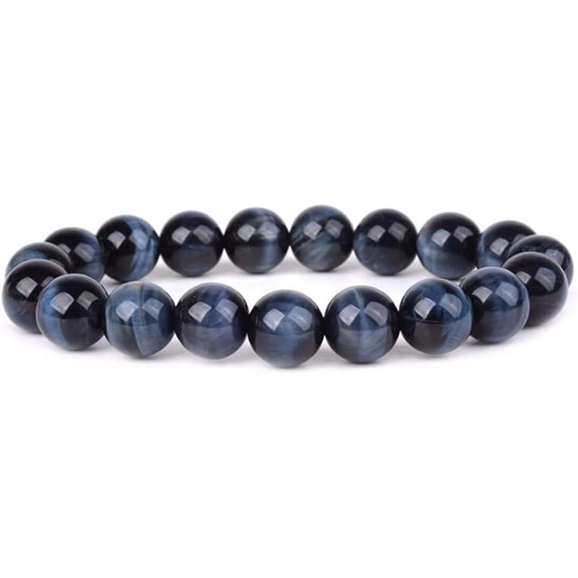Bracelet Extensible en Perles Rondes de 10 mm en Oeil de Tigre Bleu Naturel de Qualité A 7 Pouces Unisexe