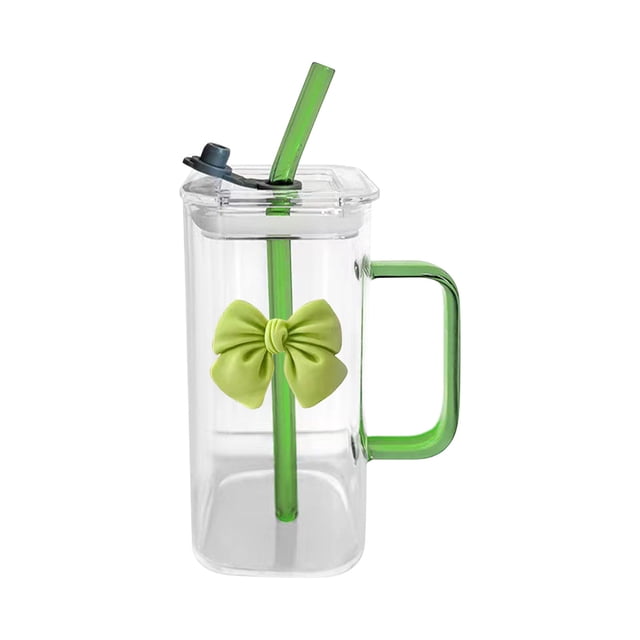Kyusrd Transparent Square Glass Cup With Knot Handle And Straw For Coffee And Milk 400ml