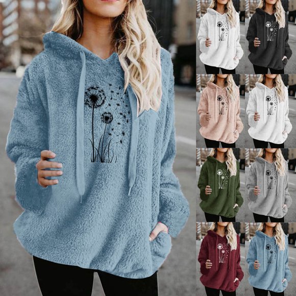 Xdegoge Fleece Sweatshirt Women Warm Pullover Sherpa Fuzzy Hoodies Long Sleeve Drawstring Hooded Sweat Shirts Loose Fit Winter Clothes with Pockets