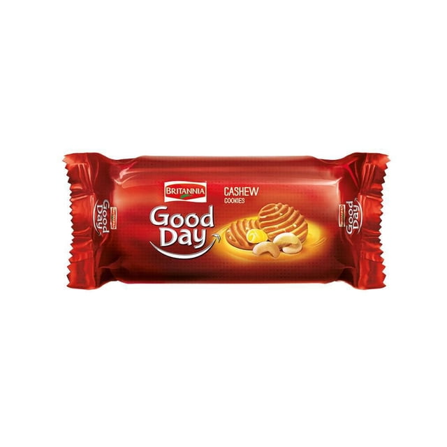 Britannia Good Day Cashew Cookies 75 g pack in red foil featuring the brand logo and product name, with an image of two golden, ridged cookies and cashew nuts, highlighting the butter-rich texture and crunchy cashew pieces, suitable for enjoying with tea or coffee.
