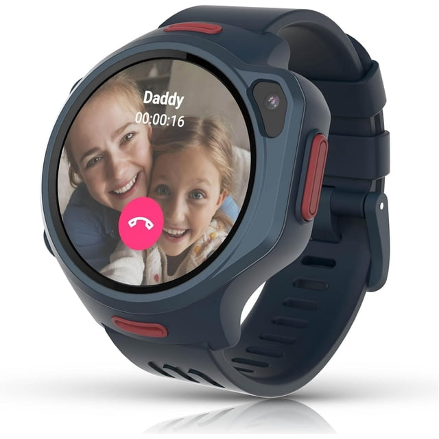 myFirst Fone R2 Acai Purple Kids Smartwatch Phone with round touchscreen showing video call screen, dark blue silicone strap with red buttons, side camera, GPS tracking, SOS emergency button, and eSIM support for kids aged 5-12 in USA and Canada.