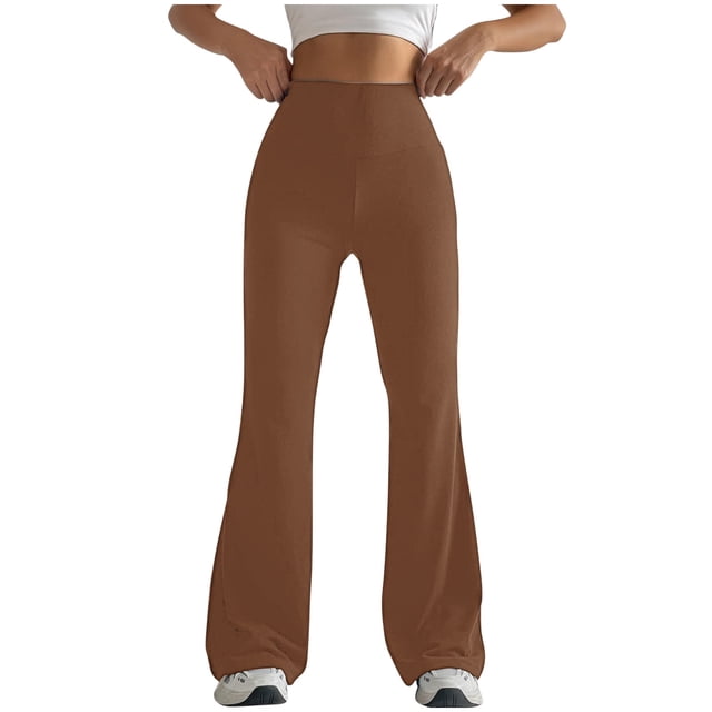 LOVZFMLL Women's Pants, Solid Color Tight Fitting Hip Shaping Flared Yoga Pants Brown, L