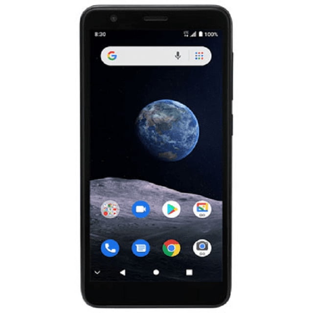 T ZTE BLA3PL unlocked phone with black touchscreen showing a space-themed wallpaper of Earth and moon surface, featuring Android icons including Google search, phone, messages, Chrome, and camera apps, with quad-core processor, 2GB RAM, and 16GB storage for fast, reliable performance.