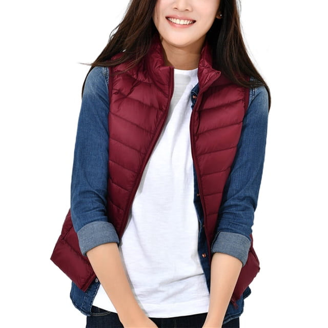 Innerwin Down Jackets Long Sleeve Ladies Puffer Vest Work Stand Collar Warm Outwear Wine Red 2XL