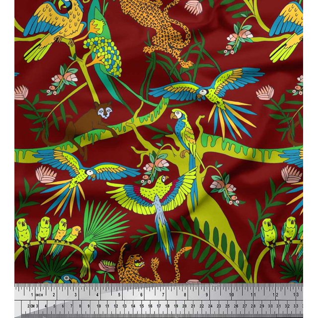 Soimoi Polyester Crepe Fabric Branches,Parrot & Leopard Jungle Print Fabric by The Yard 52 Inch Wide