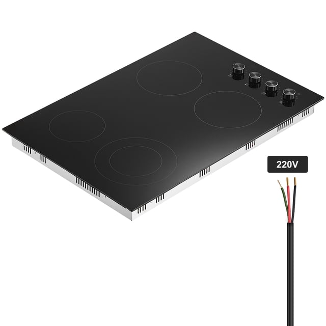 KFFKFF surface de Cuisson Électrique Intégrée, surface de Cuisson en Céramique Radiant avec 4 Brûleurs, Mesurant 30,3 X 20,5 Pouces. Présente une surface en Verre Micro-Cristal Noire Élégante avec Quatre zones de Chauffage Circulaires et Commandes à Bouton pour 11 Niveaux de Chaleur. Conçue pour une Tension de 220-240 V, 60 Hz, Offre une installation Intégrée pour une Intégration Gain de Place. Comprend un Câble d'Alimentation visible et Est compatible avec Divers types de Batteries de Cuisine.