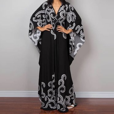 Heisall Cache-Maillots Grande Taille Caftans Sortie de Plage Maxi Robe de Plage Col en V Manches Chauve-Souris Robes Caftan pour Femmes