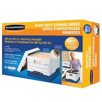 Fellowes Bankers Box 10-pack heavy-duty letter/legal records storage boxes with triple-ended, double-sided, and double-bottomed construction for durability. Features FastFold one-step assembly, 850 lb stacking strength, deep locking lift-off lids, and tear-resistant hand holes for secure and convenient file storage. Dimensions: 16.5 in. x 12.75 in. x 10.38 in.