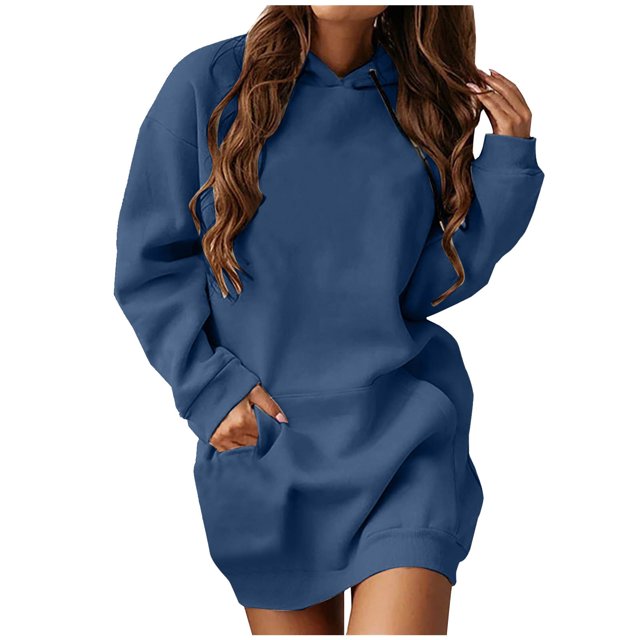 BADHUB Robe à Capuche Surdimensionnée à Manches Longues pour Femmes, Robe Chandail à Capuche Couleur Unie Tunique Décontractée Ample Chandail Midi avec Poches Offres Prime Day Bleu m
