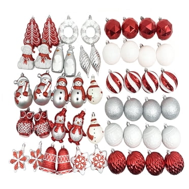 Holiday Time 50-Count Iconic Symbols of Christmas Shatterproof Christmas Ornaments, Red/Silver/White