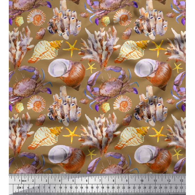 Soimoi Brown Rayon Fabric Crab,Shell & Coral Ocean Print Fabric by Yard 42 Inch Wide