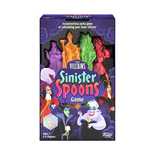 Funko DISNEY Jeux Méchants Cuillères Sinistres Boîte de Jeu de Fête Présentant des Cuillères Translucides en Forme de Méchants DISNEY Maleficent, Jafar, Captain Hook et Ursula, avec des illustrations de Méchants sur un Fond Violet, Conçue pour 4 à 8 Joueurs de 7 Ans et Plus, Convient aux Soirées de Jeux en Famille.