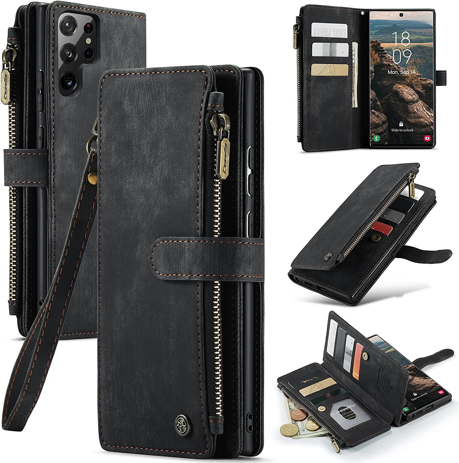 CaseMe Samsung S22 Ultra Wallet Case with Card Holder Retro Leather Protective Phone Wallet Case with Magnetic Kickstand Wrist Strap Zipper Cover with 7-Slots Cards Pocket-Black