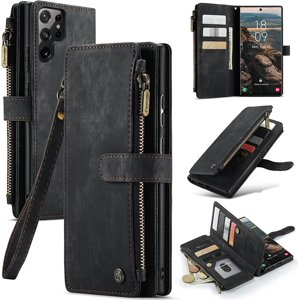 CaseMe Samsung S22 Ultra Portefeuille Case avec porte-cartes Portefeuille de téléphone de protection en cuir rétro Case avec Magnetic Kickstand Bracelet de poignet Couverture zippée avec 7-Slots Cartes Pocket-Noir