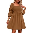 thumbnail image 1 of RKSTN Robes pour Femmes Décontractées Col Carré Manches Bouffantes 3/4 Poitrine Froncée Épaules Dénudées Robe Babydoll Mini, 1 of 9